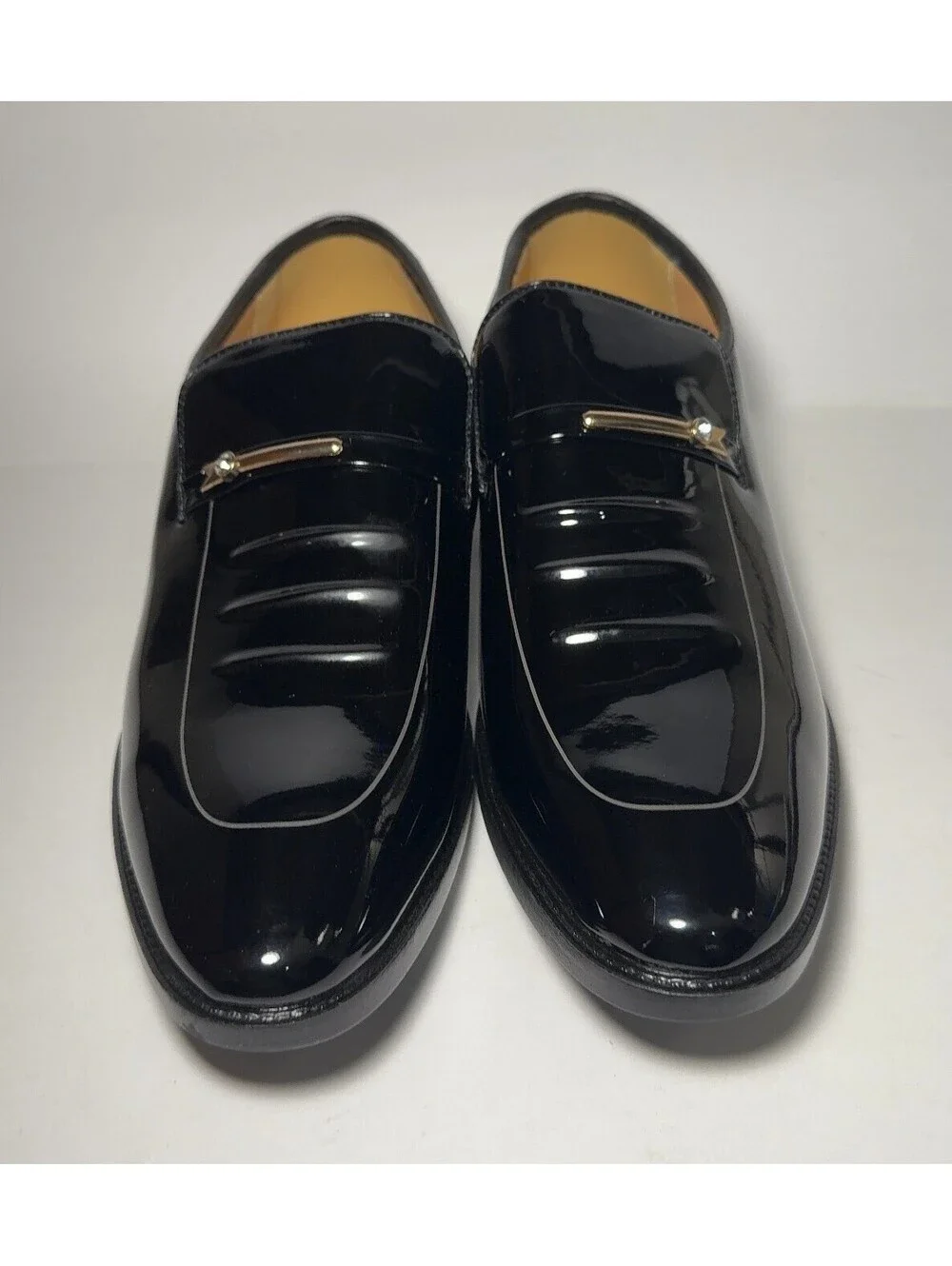 Mens Black Patent Fashion Loafers Gold Tone Metal Bar Accent Shoes 43